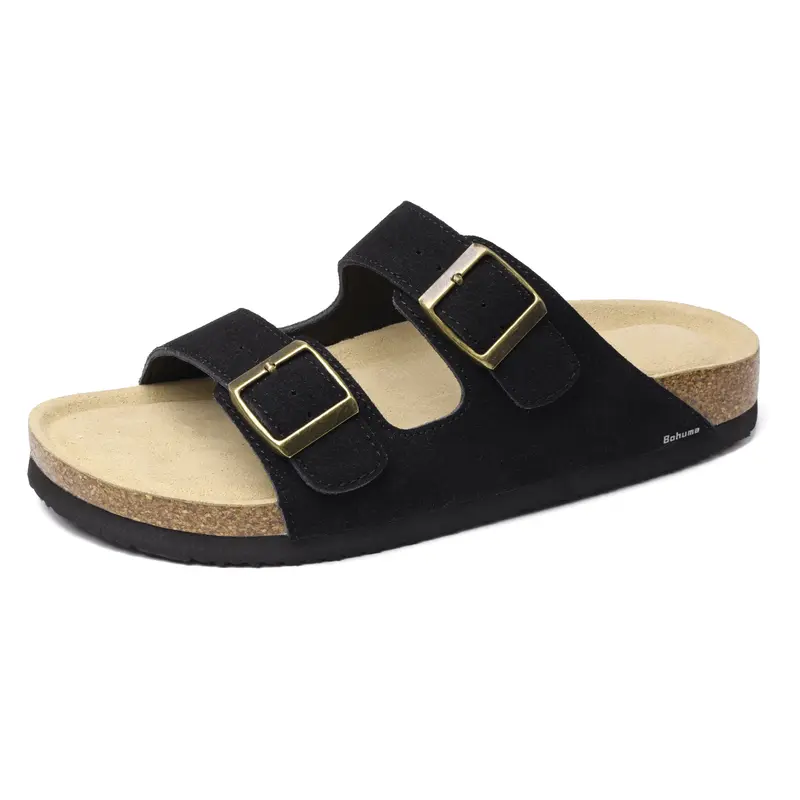 Women's Comfort Straps Adjustable Buckle Slip On Sandals Slide Cork Footbed Sandals For Summer Black