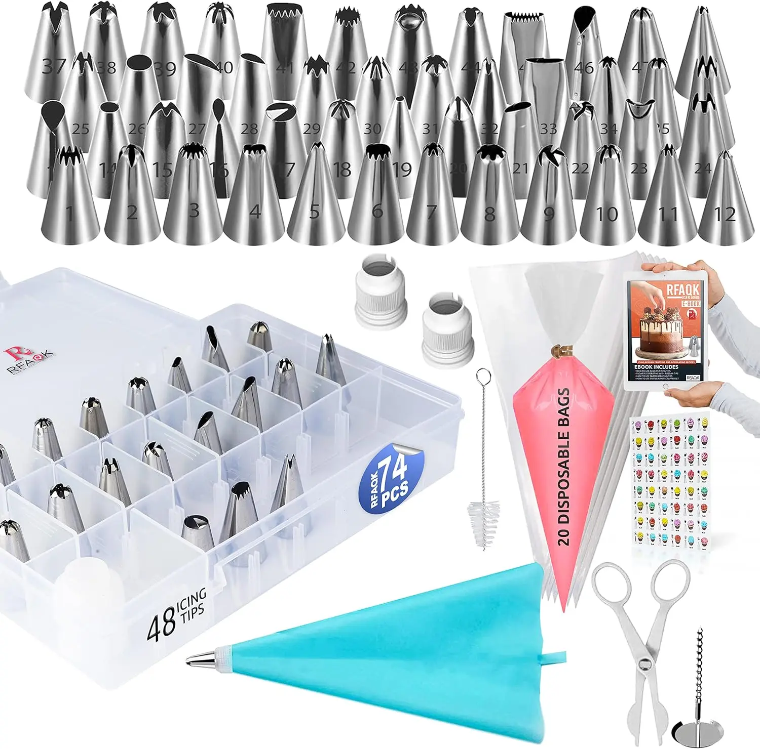 74PC Icing Piping Bags & Tips Set with 48 tips, 20+1 bags, booklet, and eBook—ideal for cake, cupcake, and cookie decorating Bakeware Pastry