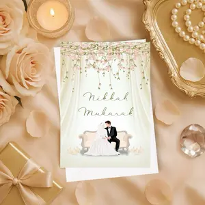 Minaret Collections Islamic Greeting Card, Nikkah Mukarak with Elegant Floral Design and Couple Illustration, 5x7 Muslim Wedding Congratulations with Quran Verse & Dua, Envelope Included