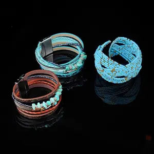 Groxiara Bohemian Multi-Layer Bracelet Collection | Handmade Seed Bead & Leather Magnetic Wrap Sets