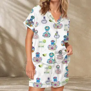 Tequila Pajama Set for Women - Fun Short Sleeve Top & Matching Shorts Featuring Colorful Tequila Designs for Cozy Comfort Loungewear Nightwear