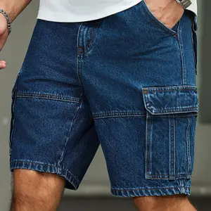 Men’s summer denim shorts, loose fit work shorts, straight cut, multiple pockets, breathable and comfortable