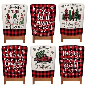 Farmhouse Style Christmas Tree Dwarf Plaid Short Faux Fur Chair Covers, Set of 6, Festive Holiday Decorations