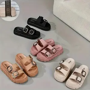 Women's Black Platform Slide Sandals |   Rhinestone Buckle Decor Chunky Sole Non-Slip Comfortable Slides for Summer Casual, Party & Daily Wear