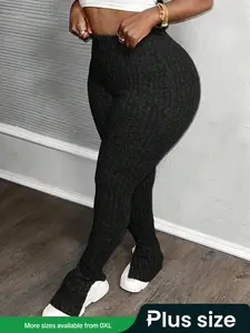 Plus Size Women's Ribbed Velvet Soft Leggings, Bottom, Elastic Waistband, Slim Fit, Casual & Formal Wear, Comfortable High-Waist Design