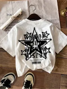SHEIN Boys' Casual Simple Loose-Fit Short-Sleeve Round-Neck Graphic Fashion Tee with Pentagram Pattern, suitable for summer wear, on the back of the shirt