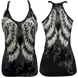 Twisted Angel Wings  McBling Tank Top Halter Rhinestone Plus Size Casual Comfort Womenswear Crystal Fitted street  Graphic Stretchy Sleeveless Cotton Style y2k tank back to schools shirt color