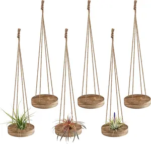 6 count Hanging Wooden Air  Holder - 3" Round Airplants Live Hanger with Jute Ropes, Rustic Tillandsia Succulent Display Container Stand for  Office Decor Housewarming  (Excluding )