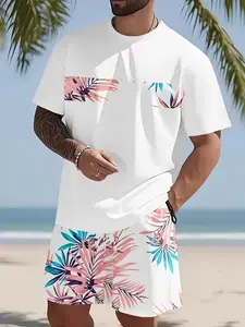 Men's Tropical Print Summer Sports Set, Fashion Casual Sporty, Short Sleeve T-Shirt and Shorts, Lightweight Breathable Sportswear