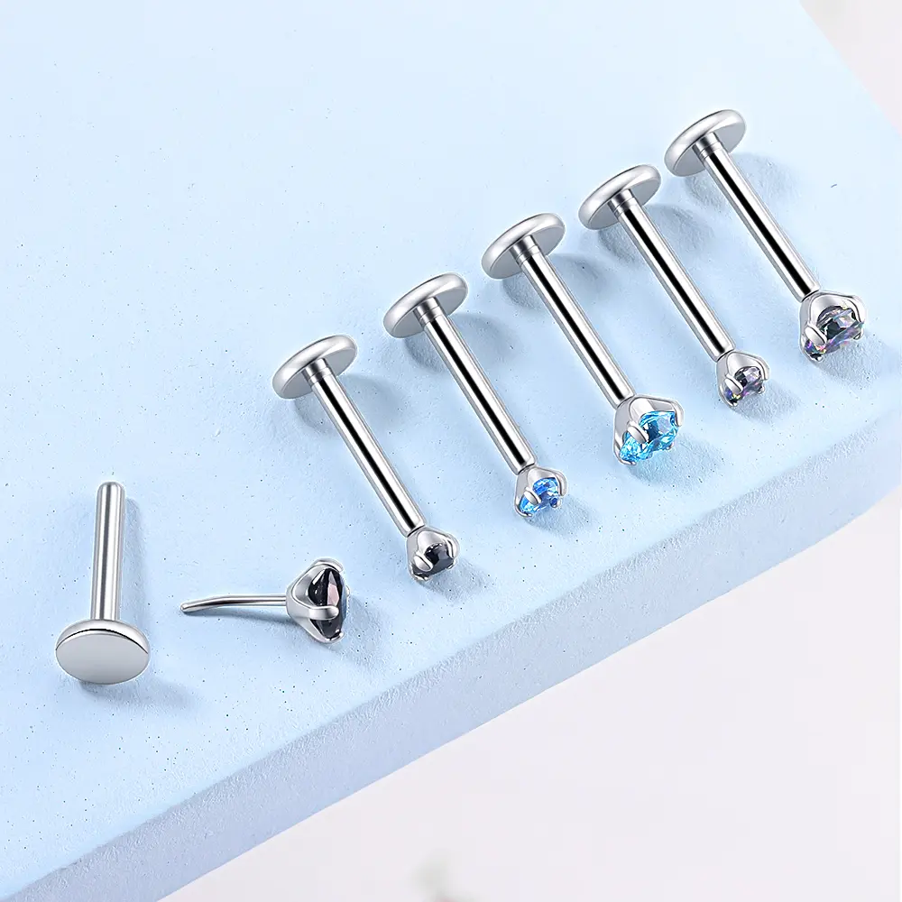 BODY FREEDOM 16G ASTM F136 Titanium Flat Back Stud Push Pin Labret Earring with CZ Rhinestones, Lightweight Comfortable Body Jewelry Set for Lip, Nose Piercings