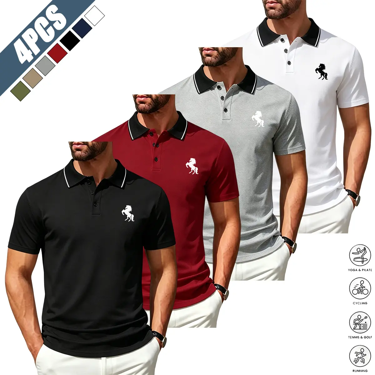Men’s Black Horse Graphic Print Polo Shirt Set, High-Quality Long-Sleeve Turn-Down Collar, Versatile-Fit, Comfortable Sporty Casual Golf Top, Buttoned Short-Sleeve Option, Buttoned Short Sleeve Polo Shirts