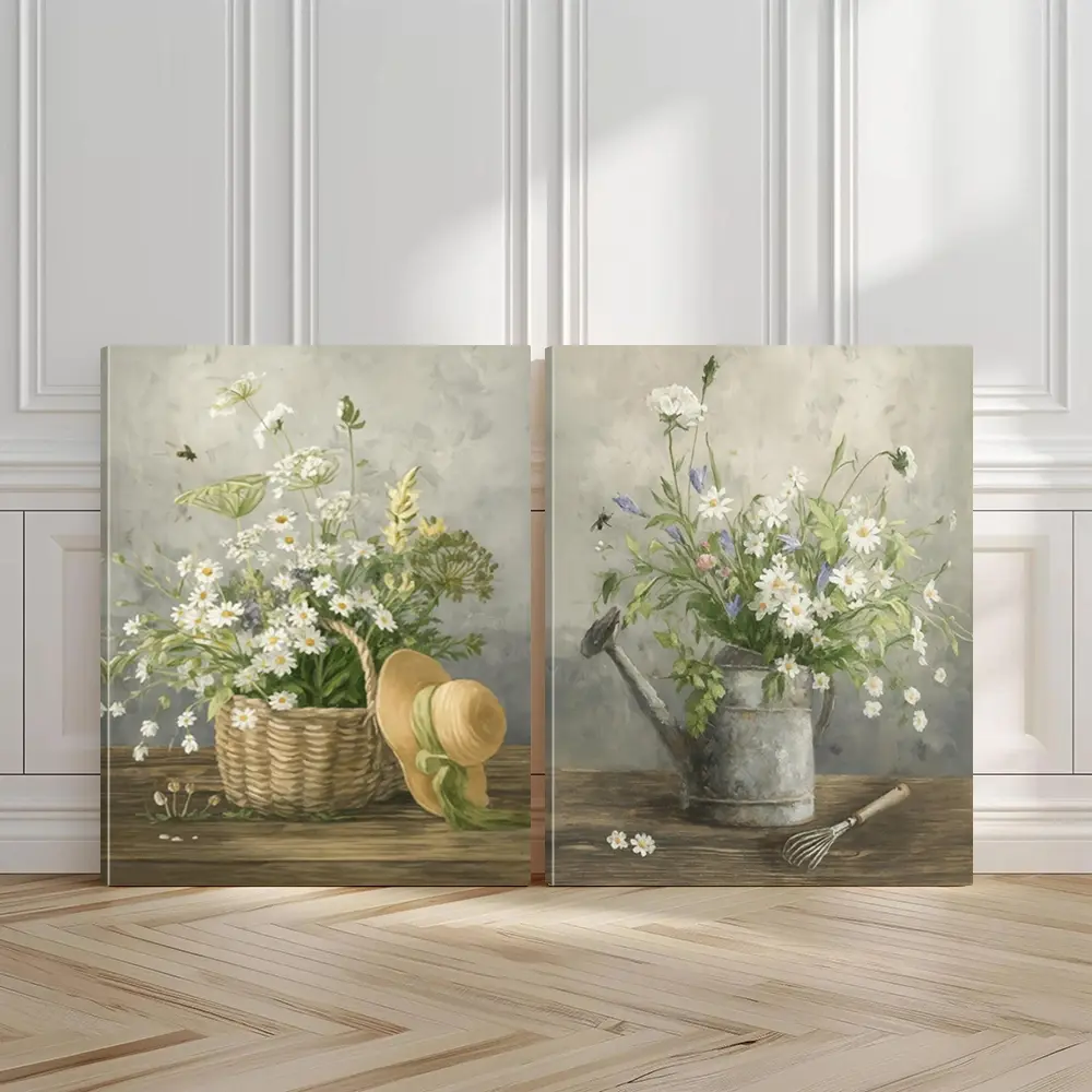 2pcs Spring Garden Wall Art, Buzzing Bees Poster, Rustic Charm Art Prints, Festive Atmosphere Home Decor, Modern Wall Paintings, Minimalist Canvas Posters Wall Arts, Decor for Living Room, Restaurant, Kitchen, Bedroom, Housewarming Gift, With Frame