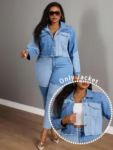 Plus Size Women's Colorblock Washed Denim Long Sleeve Jacket Jean Jackets, Casual Fashion Outerwear, Lady Womenswear, Comfortable and Stylish, Perfect for Daily Wear