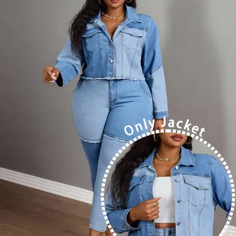 Plus Size Women's Colorblock Washed Denim Long Sleeve Jacket Jean Jackets, Casual Fashionable Outerwear, Lady Womenswear, Comfortable and Stylish, Perfect for Daily Wear