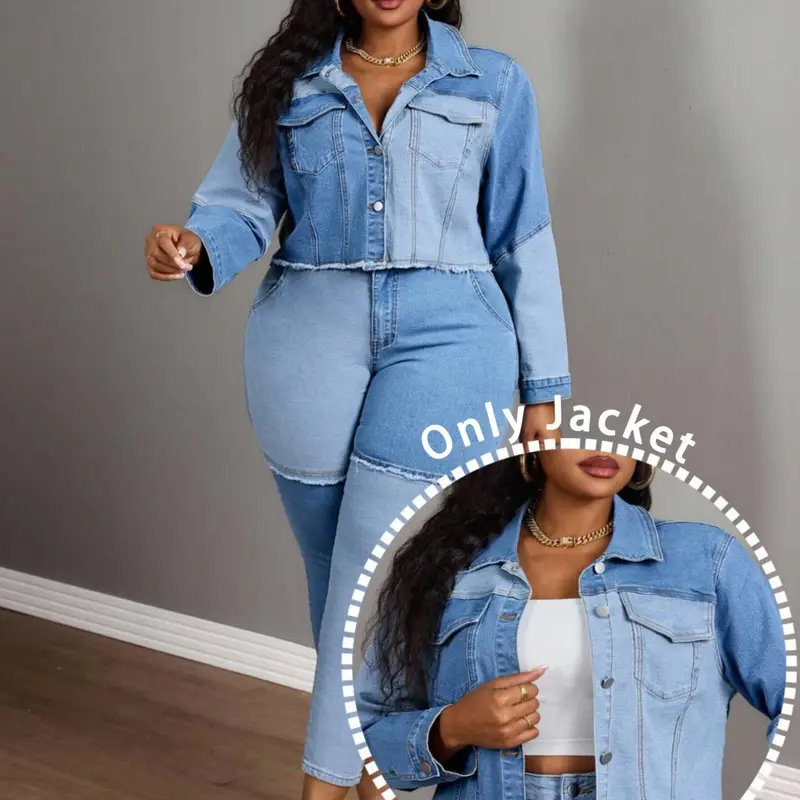 Plus Size Women's Colorblock Washed Denim Long Sleeve Jacket Jean Jackets, Casual Fashionable Outerwear, Lady Womenswear, Comfortable and Stylish, Perfect for Daily Wear