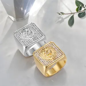 1pc Men's Square Shaped Signet Ring - Fashion Rock Hip-Hop Synthetic Zircon Lion Head Design, European-American Light Luxury Domineering Costume Jewelry, Carnival Gift, Square Shaped Ring