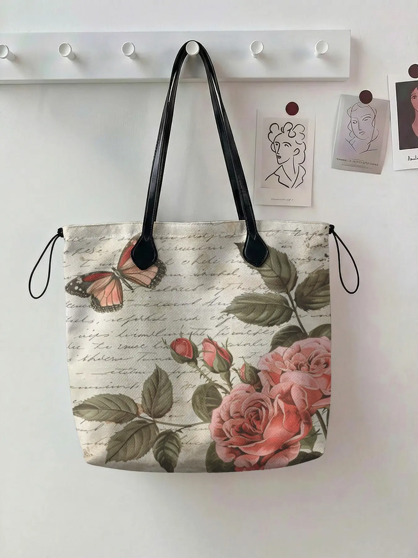 Floral Pattern 2D Printed Drawstring Tote Bag, Large Capacity Shopping Bag, Durable and Wear-Resistant, Suitable for Work, Shopping, Picnic, Floral Tote Bags, Aesthetic Tote, Design Tote Bag