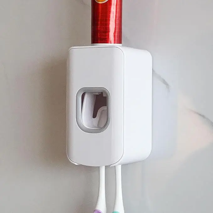 2 Slot Toothbrush Holder and Toothpaste Dispenser Wall Mounted, Automatic Toothpaste Squeezer