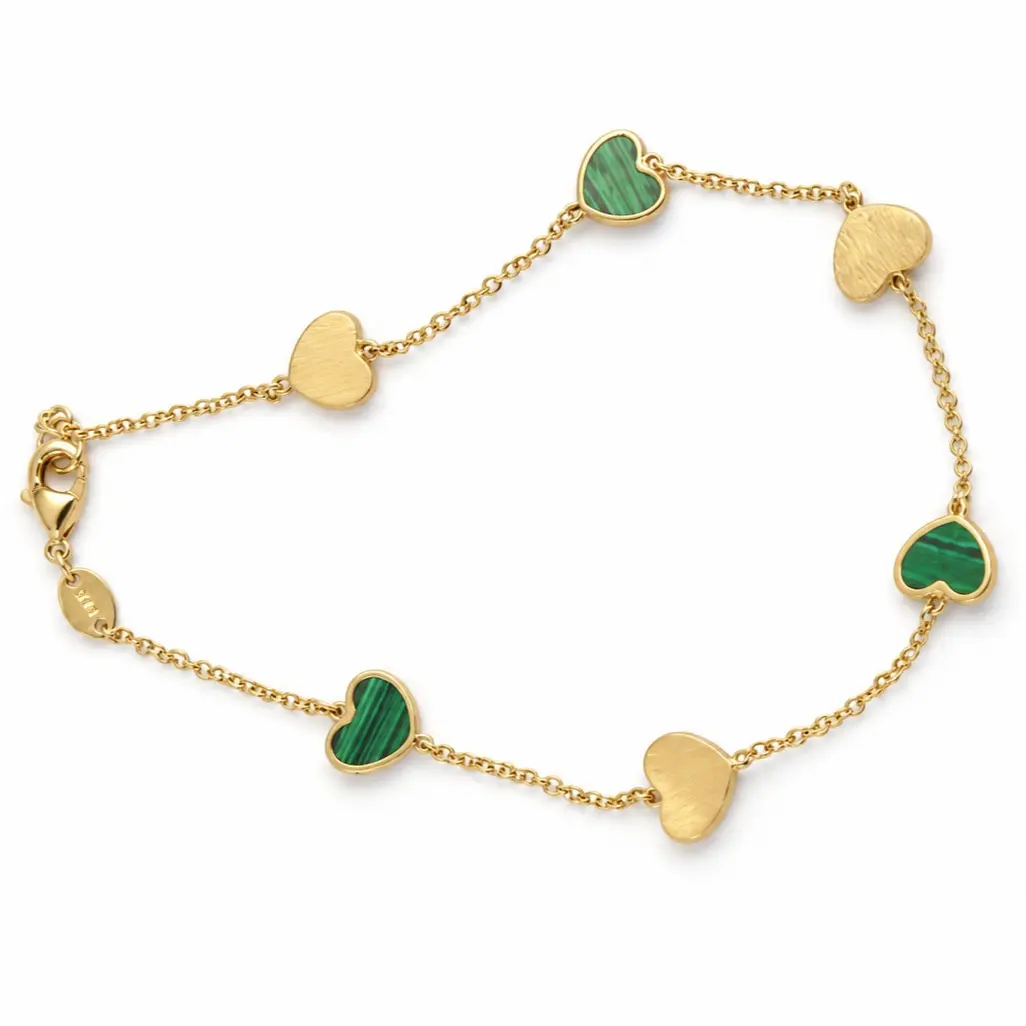 14K Gold Green Heart Station Bracelet