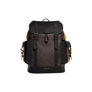 COACH Hudson 30 Leather-Trimmed Drawstring Flap Backpack for Men in Mahogany and Golden Phoenix Print
