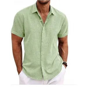 Men's Cotton Linen Cardigan Short Sleeve Shirts High Quality Lapel Casual Blouse Summer Homewear