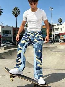 Men's Colorblock Drawstring Waist Flare Pants, Japanese Ukiyo-E Wave Print, Casual Comfortable Pocket Long Pants, Street Style, All Seasons