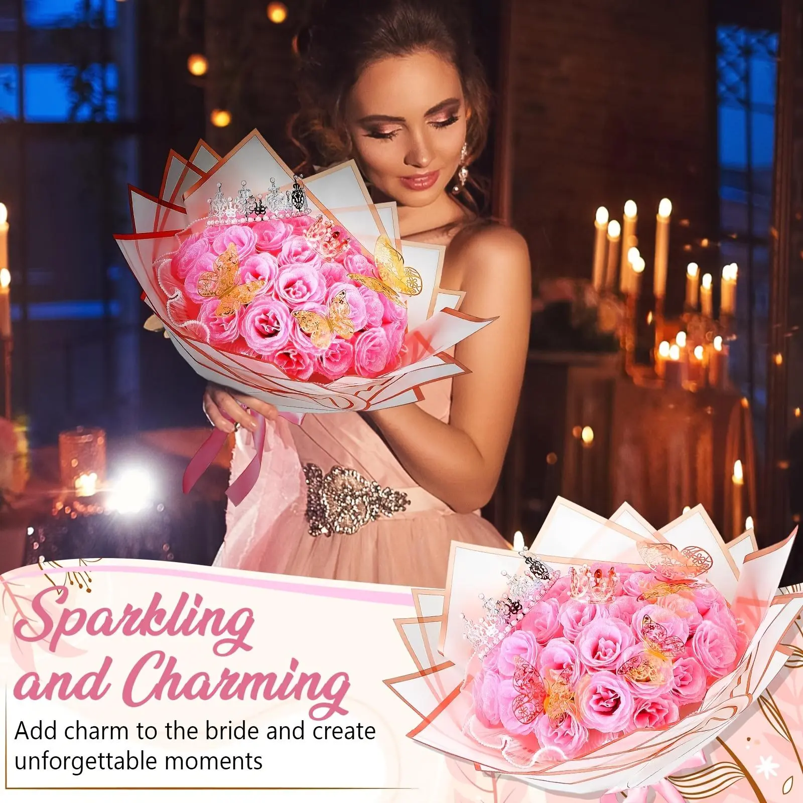 Sparkling Rose Flower Bouquet Set, 1 Box DIY Rose Flower Bouquet Kit, Decorative Flowers for Wedding, Anniversary, Birthday, Party Decor, Fruit, Artificial Flower Set, Artificial Roses, DIY Fake Flowers, DIY Glitter Roses