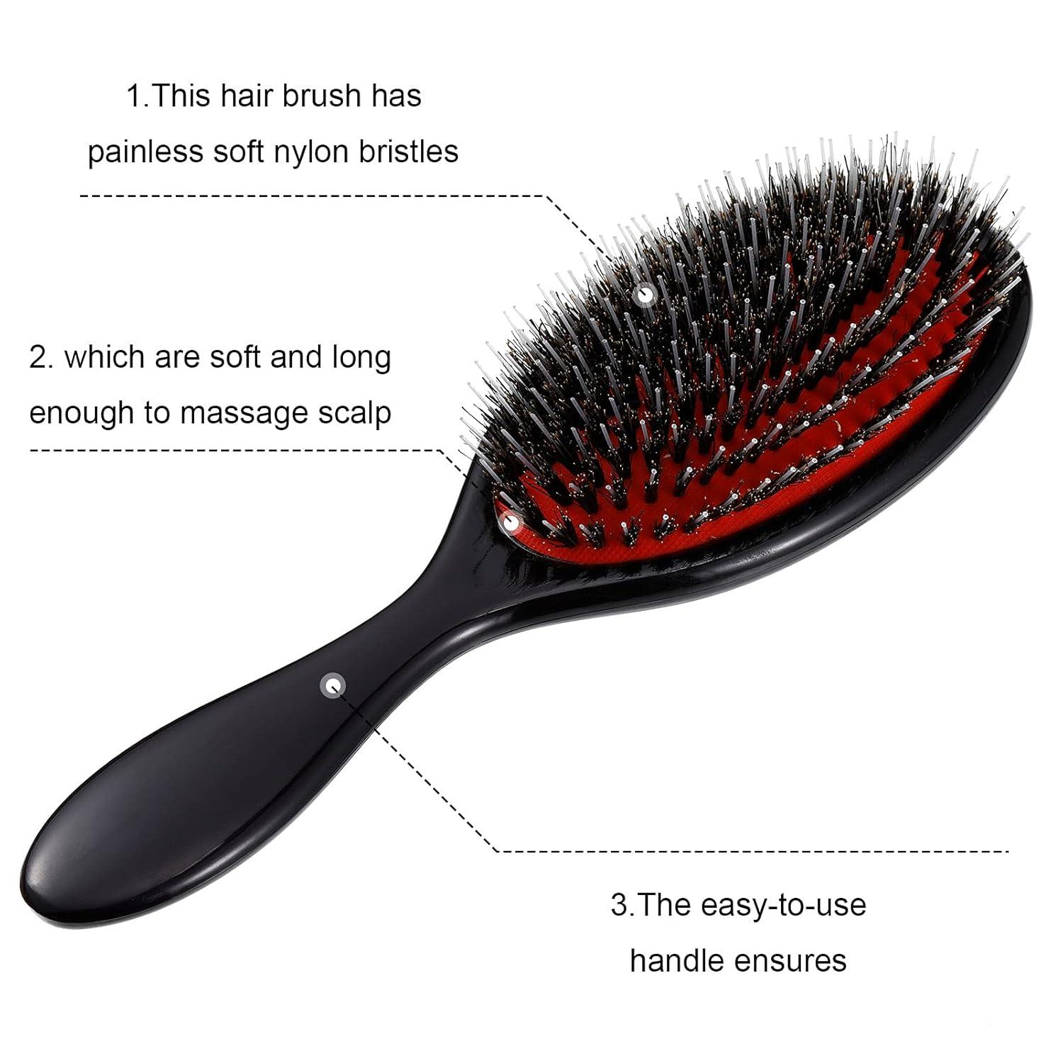 Boar Bristle Hair Brush Paddle Detangling Brush for Curly Fine Wavy Natural Tangled Hair Anti-static Hair Brush with Nylon Quill Massage Hair Extension Brush for Women, Men and Kids