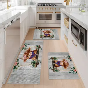 1/2/3PCS Farmhouse Kitchen Rugs,Gray Non Slip Washable Mats Durable Stain Resistant Floor Mat Set, Highland Cow Swing Print Kitchen Runner Rug 16"X24"+20"X32"+20"X47"