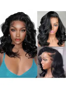 13x4 Glueless lace frontal bob wig, Brazilian human hair, 180% density, natural wavy curls | Pre-plucked sheer lace forehead 13x4 | No glue required, easy to install, natural and realistic, suitable for women of all races, wig, multi-functional hairpiece