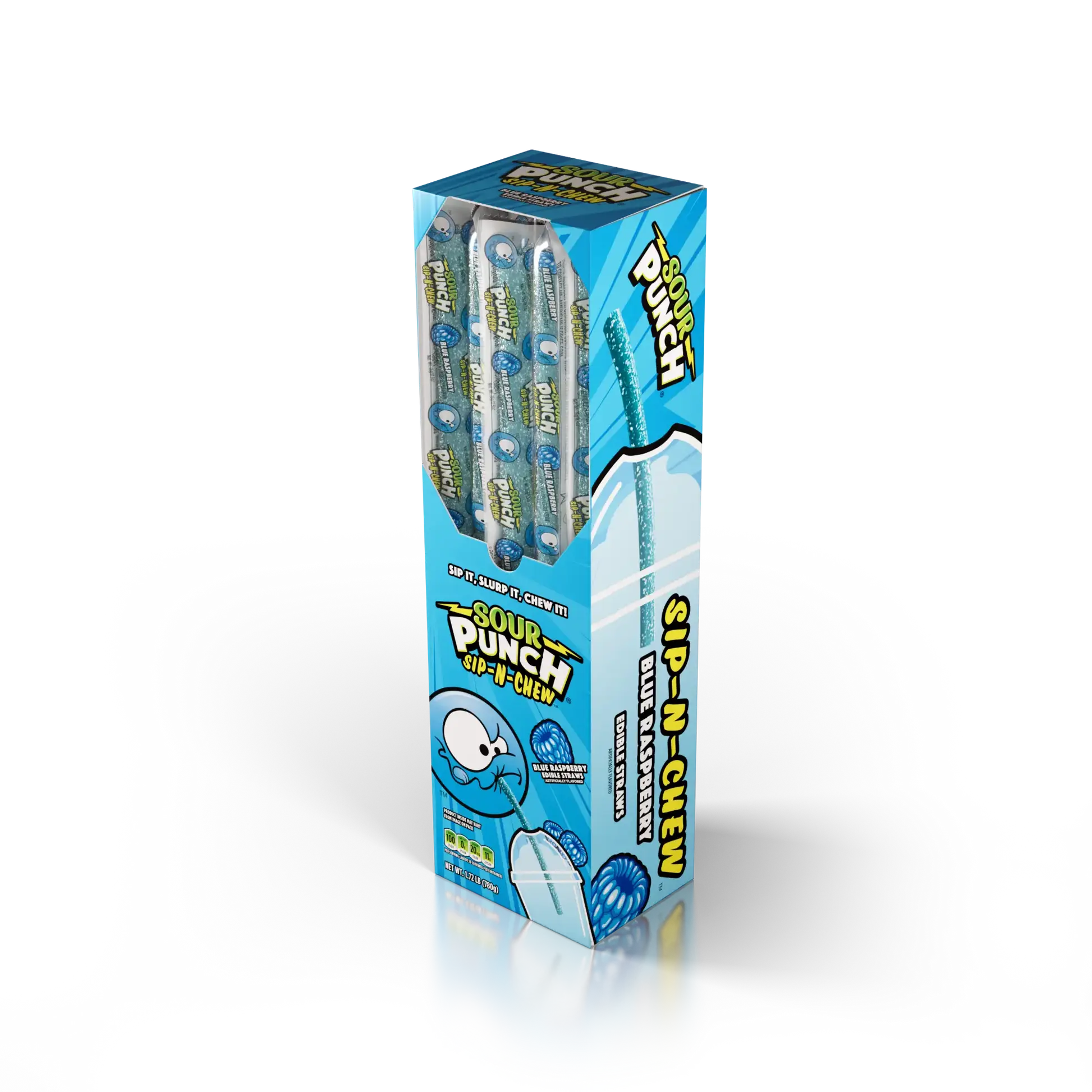 SOUR PUNCH Sip-N-Chew Blue Raspberry Candy Straws, 0.9 oz, 30-Count Display