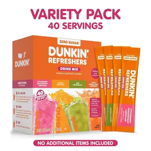 2026 NEW !!! Dunkin’ Refreshers Singles To Go! Zero Sugar Powdered Drink Mix, 40 Ct Variety Pack, Energy from Green Tea, Aspartame-Free, No Synthetic Colors, 40 Single-Serve Packets, Just Add Water