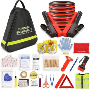 Car Emergency Kit with Jumper Cables, Roadside Safety Kit for Vehicle Truck Motorcycle - Gifts for Men Women Teenagers, Easy Storage(Black)