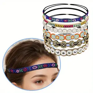 6 Pieces Elastic Rhinestone Beaded Women Headbands, Handmade Vintage Jewelry Hair Bands for Girl Hair Accessories 20-26.8’’ Multicolor