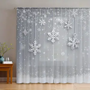 2pcs Snowflake Winter Scene Printed Sheer Curtains - Bohemian Style, Lightweight Polyester, Rod Pocket Design for Kitchen, Cafe, Restaurant, Balcony, Garden, Bedroom Decor, Curtains for Living Room