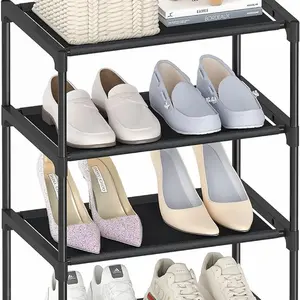 4 Tier Small Shoe Rack, Narrow Stackable Kids Toddler Adult Shoe Storage Organizer Shelf for Closet Floor Entryway Bedroom, Space Saver Shoe Rack Organization Shelves