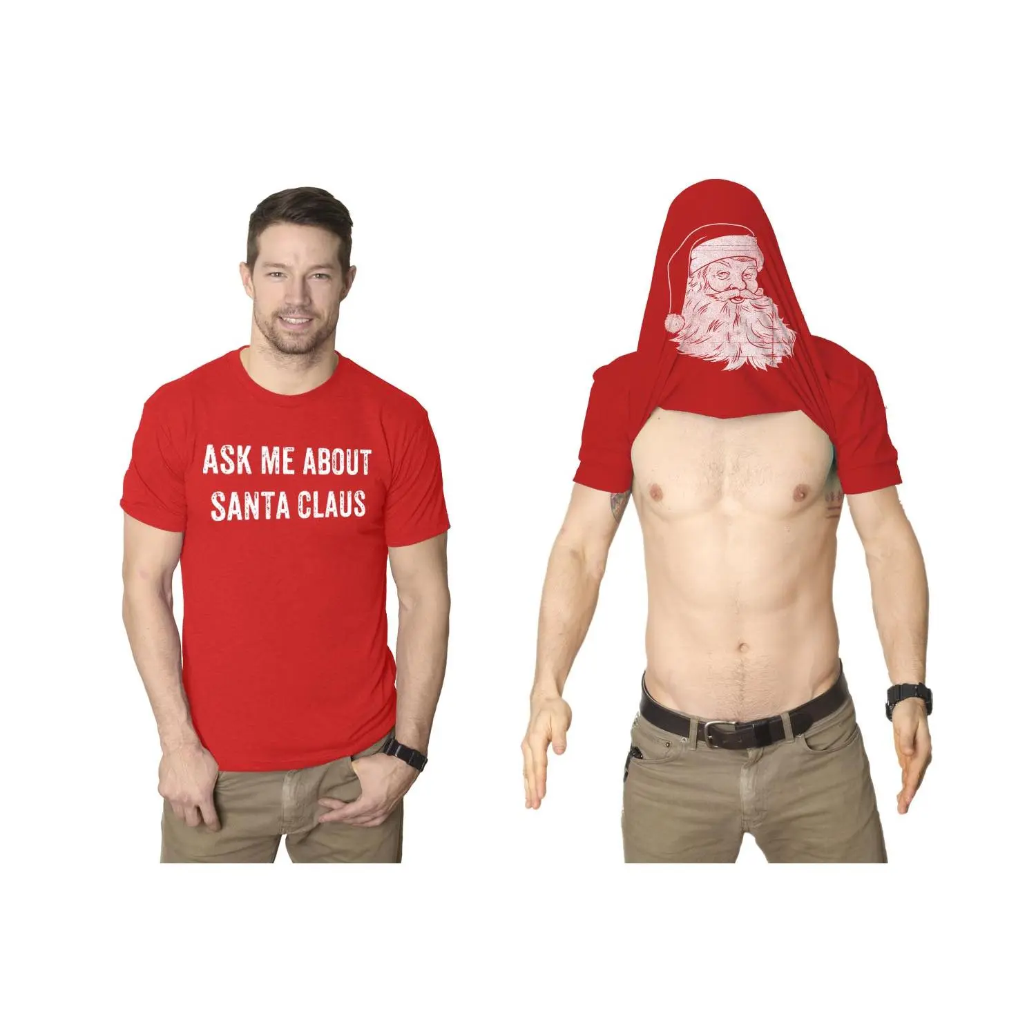 Mens Ask Me About Santa Claus T Shirt Funny Christmas Party Beard Flip Up Tee Mens Funny T Shirts Cool Vintage Fashion T-Shirt Gift Classic Menswear Christmas Apparel for Men Funny Flip Short Sleeve Novelty Red