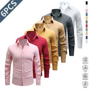 Pack of 6 Men's Solid Dress Shirts with Long Sleeves and Fine Gemtone Buttons, Available in Multiple Colors, Perfect for Work and Casual Wear
