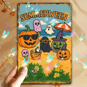 1pc Vintage Halloween Metal Poster - Spooky Pumpkin Ghosts, Retro Summerween Beach Party Decor - Durable Metal Wall Art for Home, Bar, Cafe - Halloween Party Decoration Gift Idea, Halloween Decor, Bar Decoration, Playful Illust