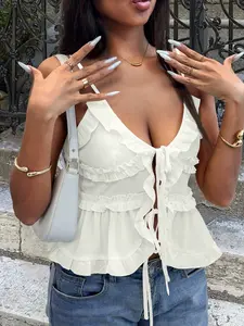 Womens White Ruffle Tie Front Tank Top Babydoll Tops Style Sleeveless V Neck Summer Blouse Sexy Cute Layered Cami Casual Holiday Beach Outfits Lightweight Sheer Flowy Fitted Crop Top