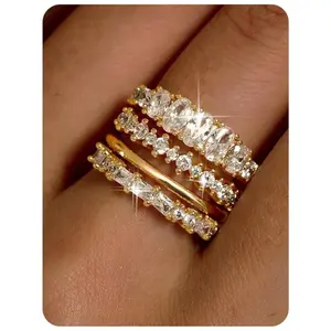 Gold Plated Stackable Rings for Women Non Tarnish - Dainty Cubic Zirconia Wedding Bands Ring Set Minimalist Trendy Statement Engagement Promise Thumb Rings Stacking Size 5-10 Rhinestone Decor Ring