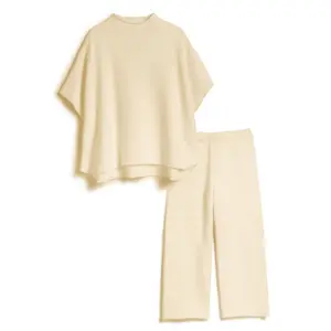 Songling Women's Two Piece Outfits Batwing Short Sleeve Mock Neck Capelet Pullover Top Wide Leg Pants Lounge Sets Tracksuits Casual High Waist Elastic Solid