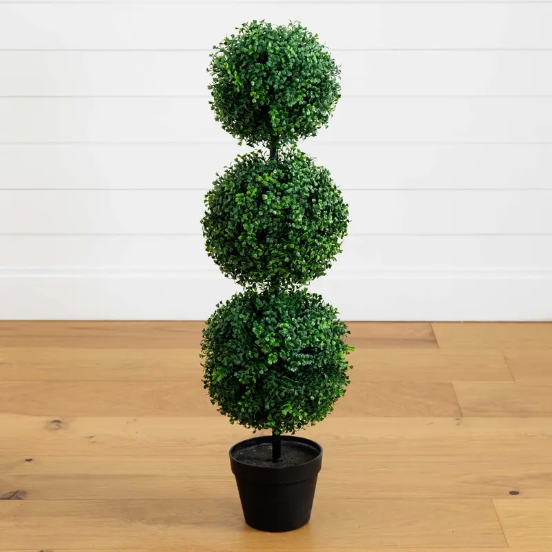 3' Basic Synthetic Trimmed Boxwood Triple Ball Topiary Tree - Super Realistic Artificial Trees, All Seasons Indoor/Outdoor Space-Saving Home Decor Items, Entryway Decor Accent That Elegantly Greets Guests, Bathroom Fake Plant