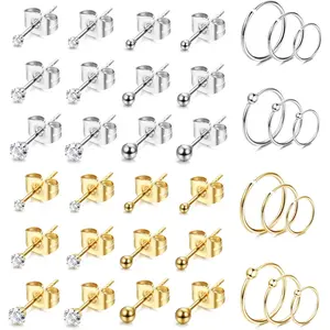 36PCS Earrings Set 12 Pairs Studs + 12 Piercing Hoops | 20G Stainless Steel CZ Cartilage Tragus Nose Jewelry | Silver & Gold