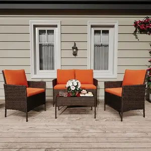 GAOMON 4 Pieces Patio Furniture Set,Outdoor Furniture with Orange Soft Cushions and Coffee Table, All-Weather Rattan Outdoor Patio Set with Seats