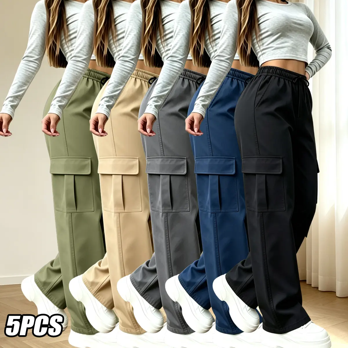 5-pack women’s solid-color casual cargo pants with elastic waistband and drawstring, multiple pockets including flap pockets; suitable for all seasons; loose, relaxed fit; ideal for everyday wear, outings, and work; women’s long pants; machine washable.