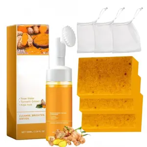 Turmeric Wash and Care Two Piece Set, Tuemeric Facial Cleanser & Turmeric Soap Combo,Face & Body Cleanser, Deep Cleansing,Bring a Bubble Net