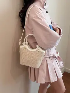 Cream- Raffia Drawstring Bucket Bag, Woven Handheld Crossbody Purse, Summer Vacation Casual Shoulder Bag, Stylish and Lightweight Design