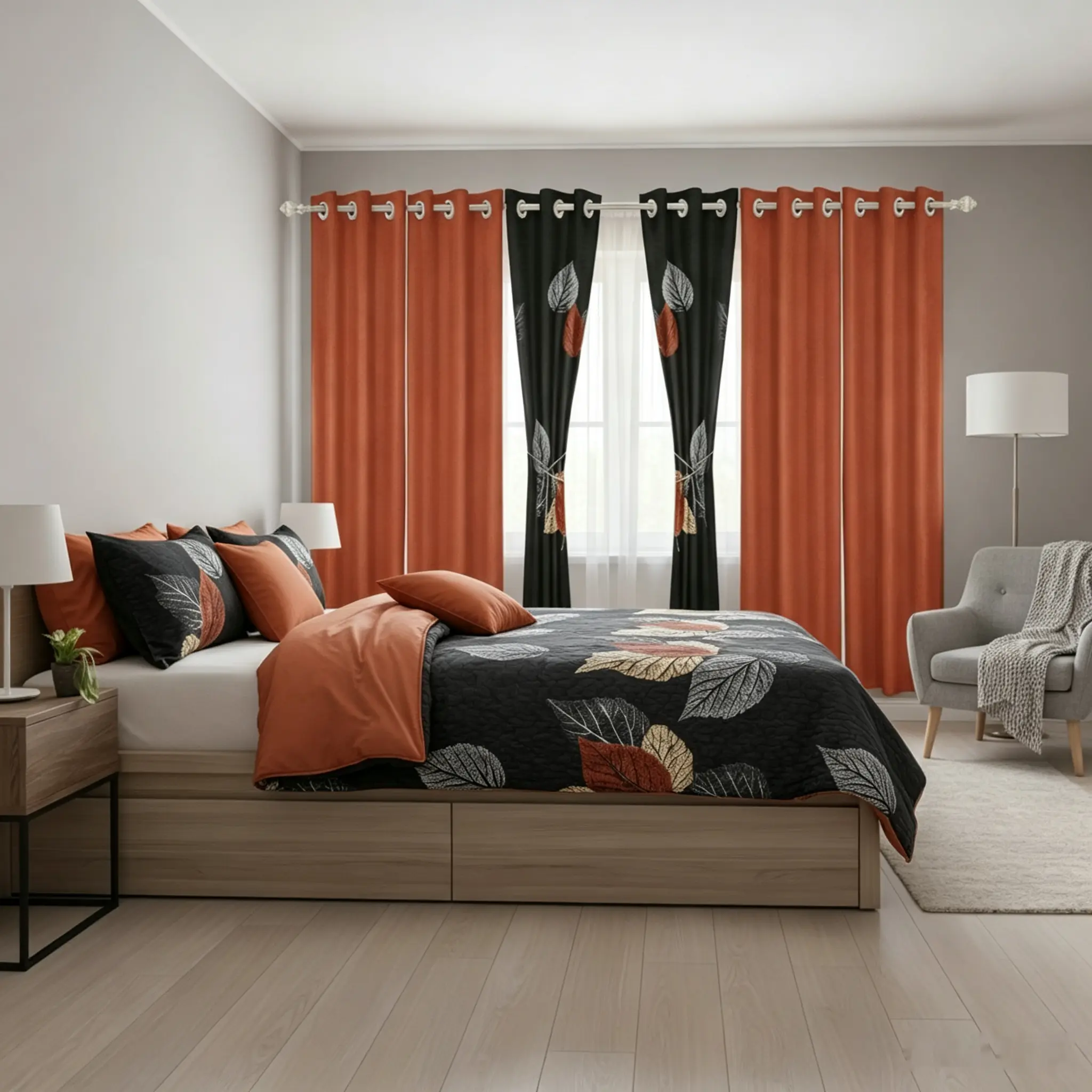 Brown Black Leaf 9-Piece All Season Bed Set 2 In 1 Dual Use Quilted Bedspread 6 Semi-Sheer Light Filtering Curtains Premium Bamboo Microfiber Cloud Soft Moisture Wicking Washable Bedroom Decor Queen King Cal King Perfect Universal Holiday Home Gift