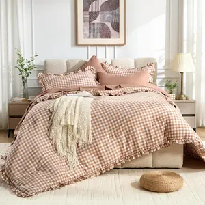 7 count Gingham Ruffle Comforter Set  Size, Brown Grid Tartan Bedding Set, Soft Breathable Fabric Comforter with Flat Sheet, Fitted Sheet, 2 Pillowcases & 2 Shams, 88"X88"